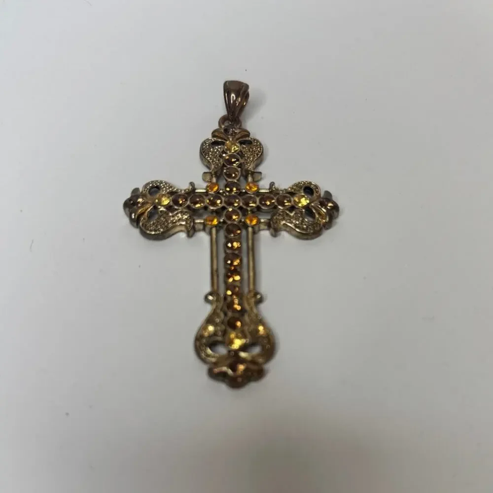 Vtg Renaissance Revival Amber & Champagne Rhinestone Large Filigree Cross Charm